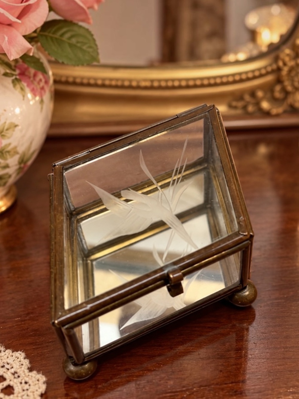 Vintage Diamond Coffin Style Glass Trinket Box Brass Footed Mirrored Floral